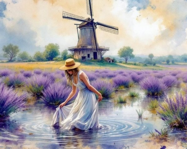 Serene Landscape with Windmill and Lavender Field