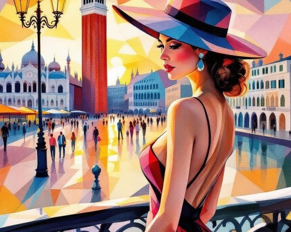 Geometric Artwork of Woman at Venetian Sunset