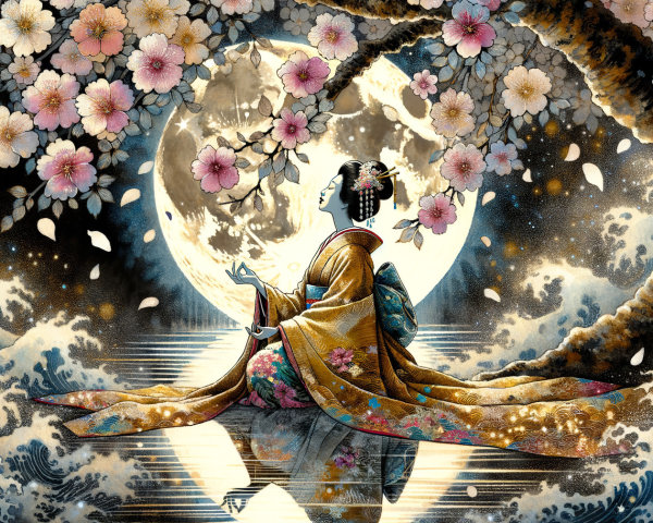 Serene figure in kimono beneath cherry blossoms and moon