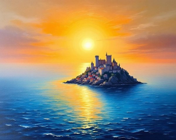 Serene Sunset Over Island with Castle and Colorful Homes