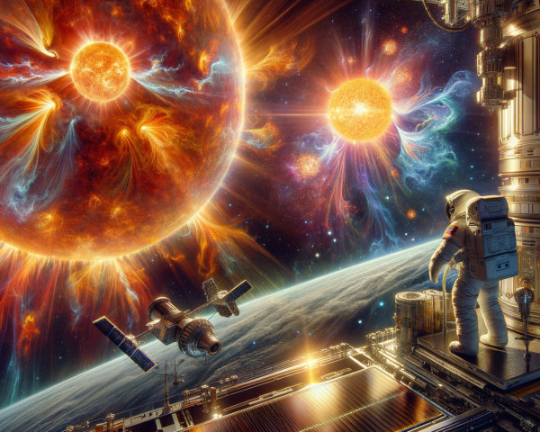 Astronaut on Space Station with Dual Suns and Earth View
