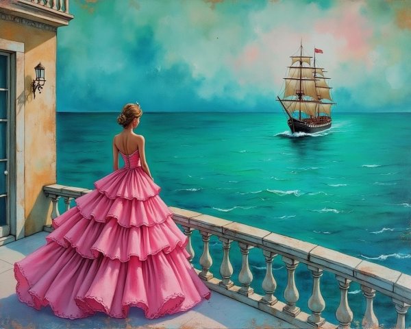 Woman in Pink Gown Overlooking Blue Ocean Scene