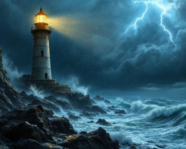 Dramatic Seascape with Lighthouse and Stormy Waves