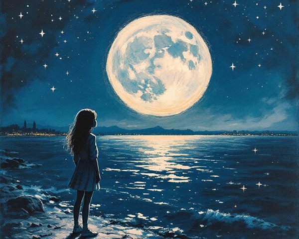 Young girl by water under luminous full moon and stars
