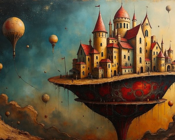 Floating Castle on a Lush Plateau with Hot Air Balloons