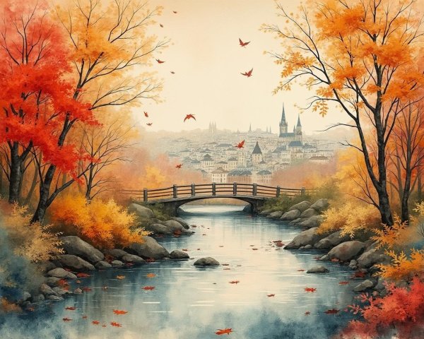 Autumn Landscape with River and Wooden Bridge