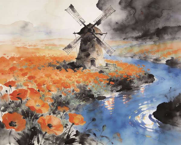 Vibrant Watercolor Landscape with Windmill and Poppies