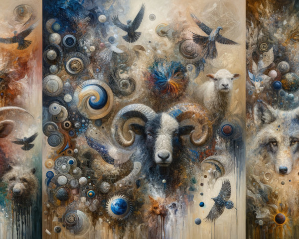 Vibrant Triptych of Animal Faces and Abstract Patterns