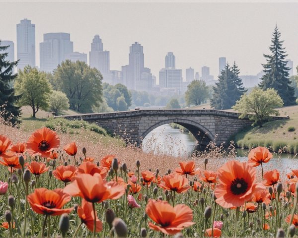 Vibrant Poppy Field with River and Urban Skyline