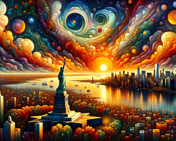 Surreal Sunset Skyline of New York City with Liberty