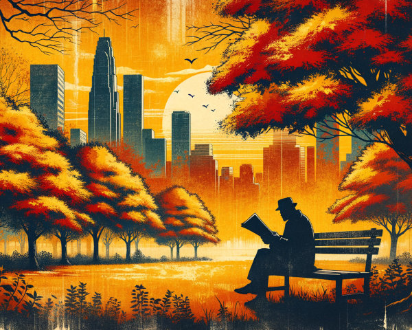 Silhouette of a man reading in an autumn park