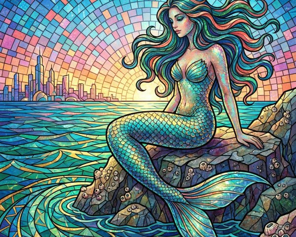 Stained Glass Mermaid with Colorful Hair and Skyline