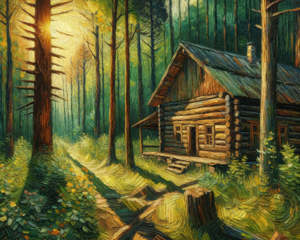 Rustic log cabin in serene woodland setting
