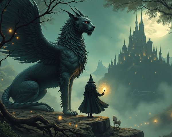 Winged Sphinx and Cloaked Figure in Mystical Landscape