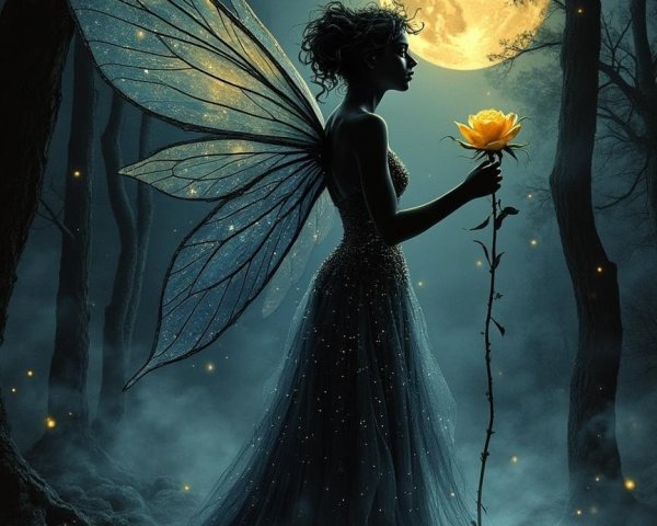Fairy Silhouette in Mystical Forest Under Full Moon