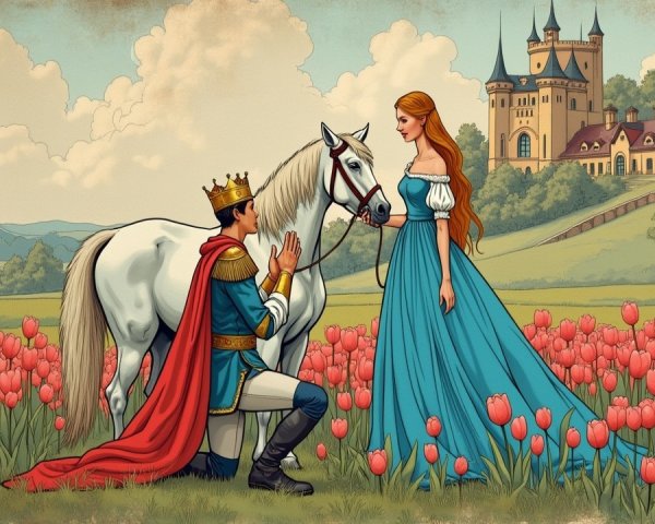 Prince and princess in a tulip-filled landscape