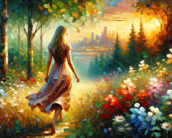 Serene Landscape with Young Woman and City Skyline