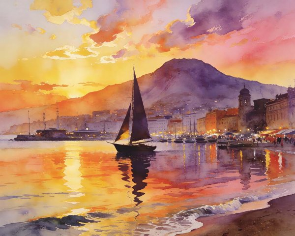Vibrant Watercolor Sunset Harbor Scene with Sailboat