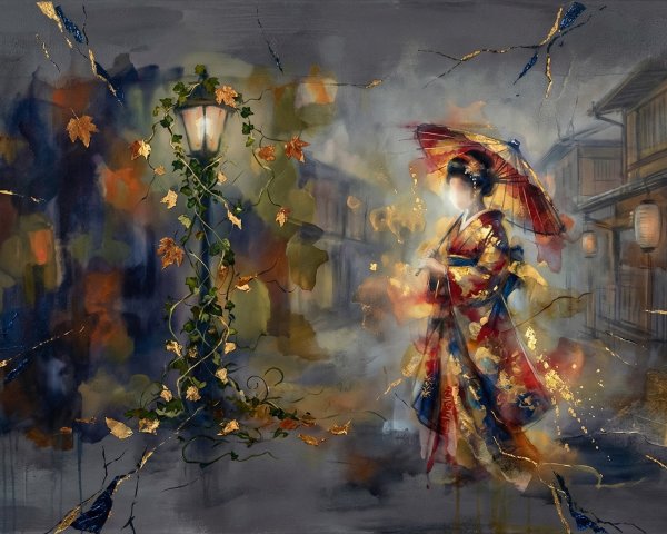 Vibrant Oil Painting of a Woman in Kimono with Umbrella