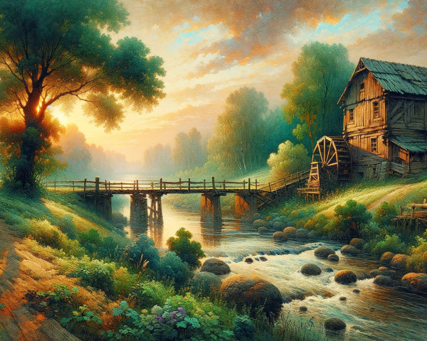 Rustic House and Watermill by Serene River Scene