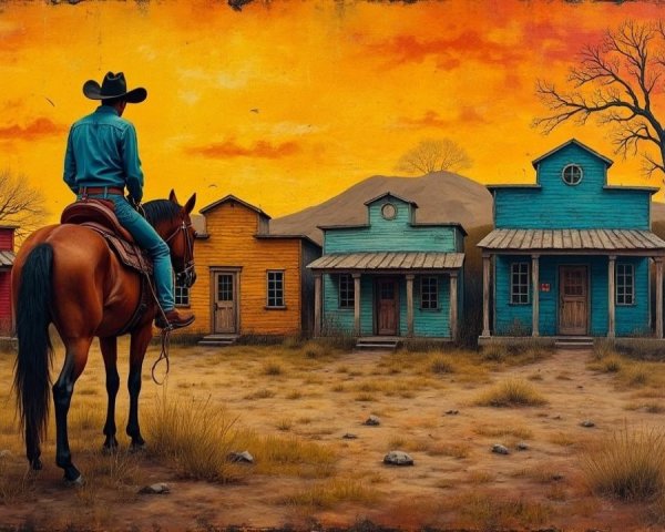 Cowboy Overlooking Deserted Wild West Town at Dusk