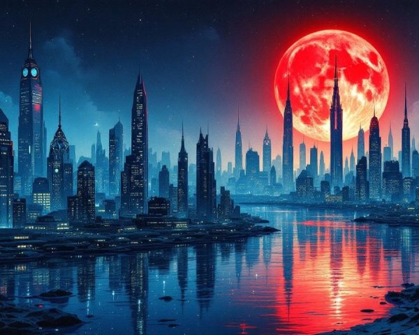 Night Skyline with Skyscrapers and Red Supermoon