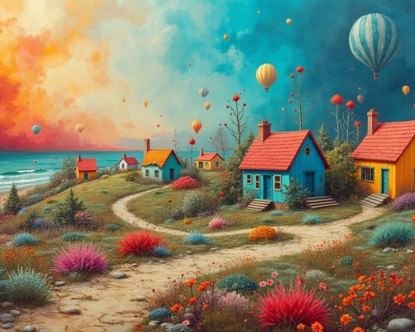 Colorful Houses in a Vibrant Landscape with Balloons