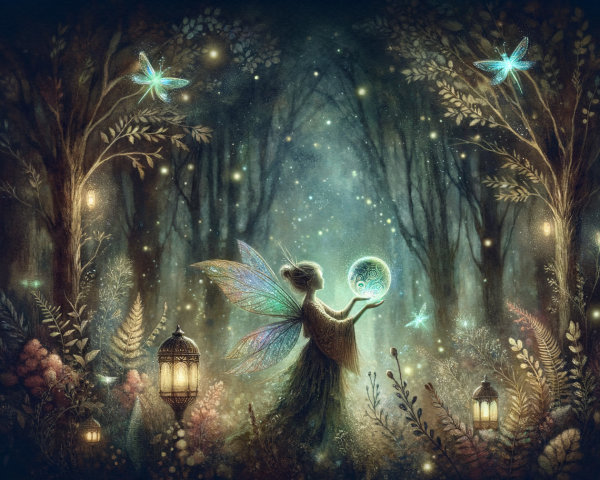 Fairy in Mystical Forest with Crystal Ball and Fireflies