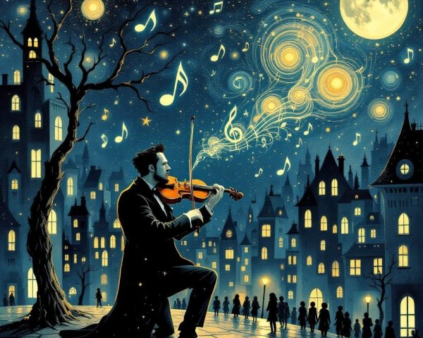 Violinist Performs Under Moonlit City Sky