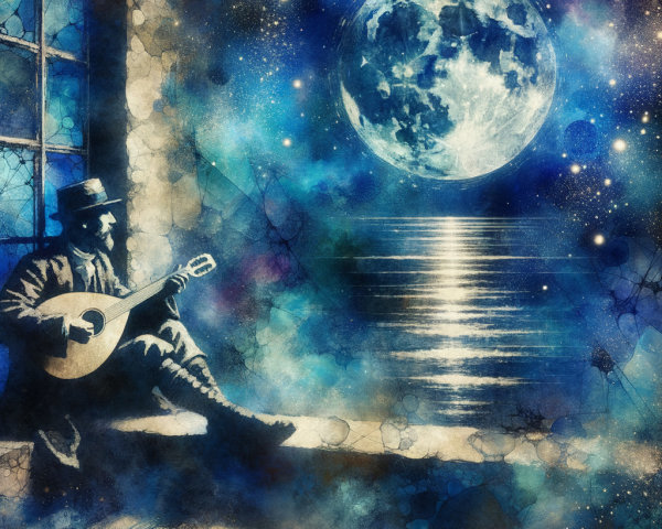 Lone Figure Playing Lute by Moonlit Ocean Scene