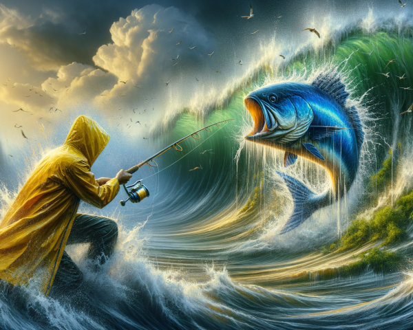 Fisherman in Yellow Raincoat Battling Fish at Sunset