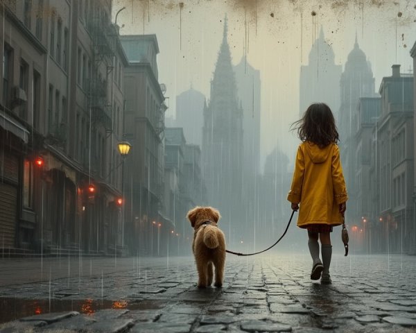 Child in yellow raincoat walks dog on misty street