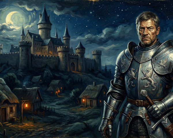 Dark Fantasy Knight by Medieval Castle at Night