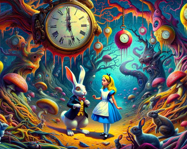 Whimsical Forest Scene with Alice and the White Rabbit