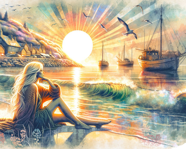 Coastal Sunset Landscape with Thoughtful Woman