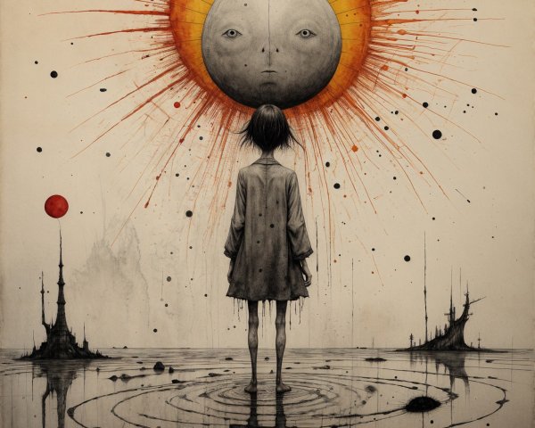 Solitary Figure on Reflective Surface in Cosmic Scene