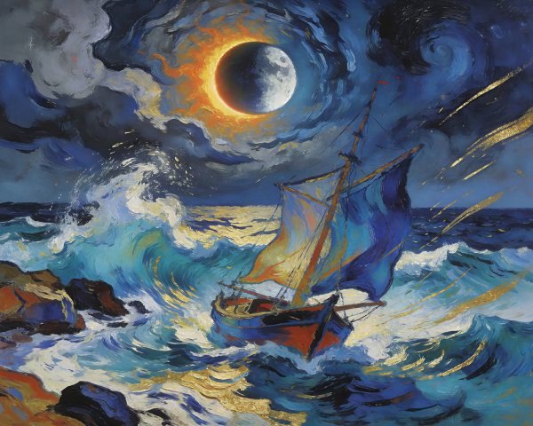 Impressionist Oil Painting of Sailboat on Turbulent Sea