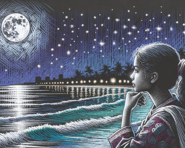 Serene Night Scene with Girl and Full Moon Reflection