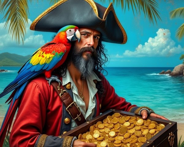 Rugged Pirate with Treasure on Tropical Beach