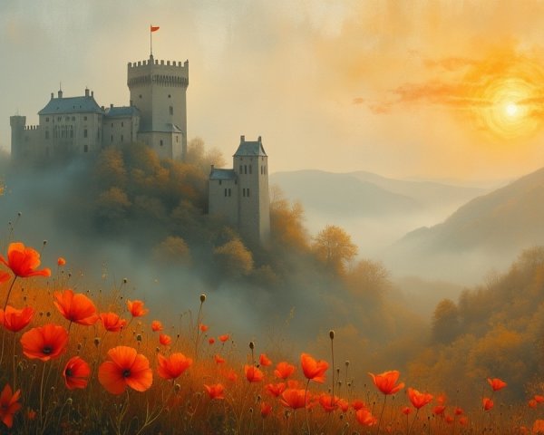 Castle on a Hill Surrounded by Misty Mountains and Poppies