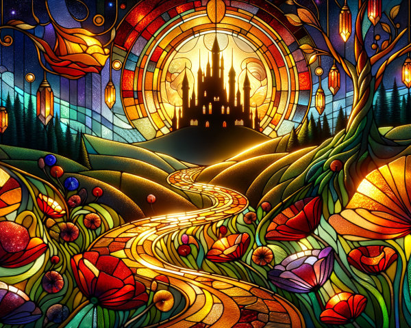 Vibrant Stained Glass Scene with Castle and Sunset