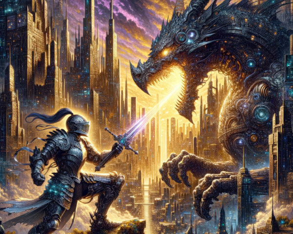 Knight in Armor Confronts Mechanical Dragon at Dusk