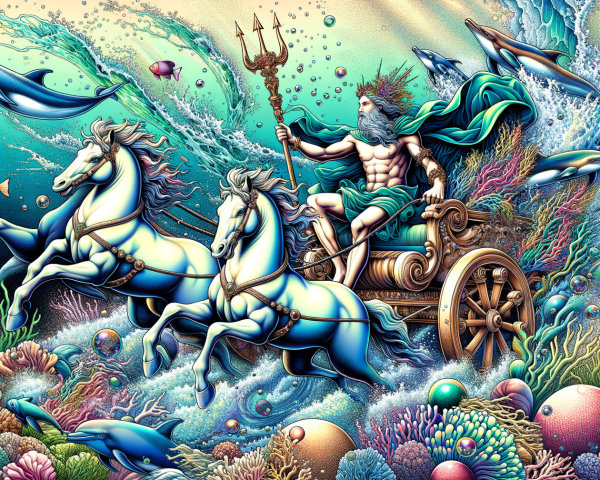 Sea God in Chariot Amidst Vibrant Underwater Scene
