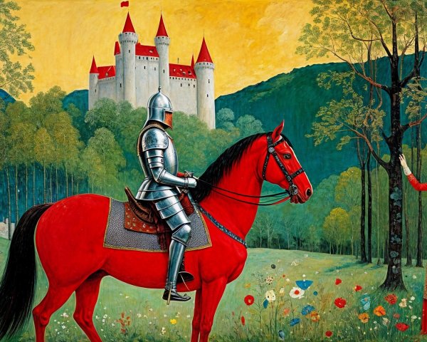Knight on Red Horse in Colorful Floral Landscape