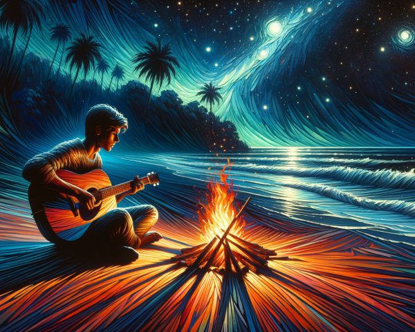 Nighttime Beach Scene with Guitar and Campfire