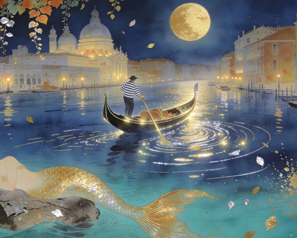 Ethereal Night Scene with Mermaid in Venice