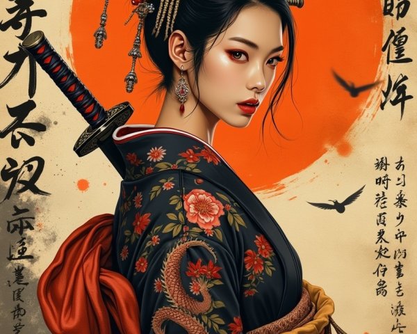 Woman in Traditional Kimono with Floral Patterns
