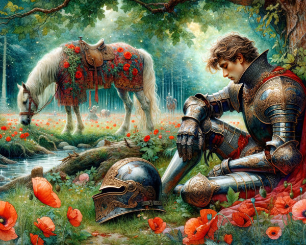 Knight in Armor by Stream in Serene Forest Glade