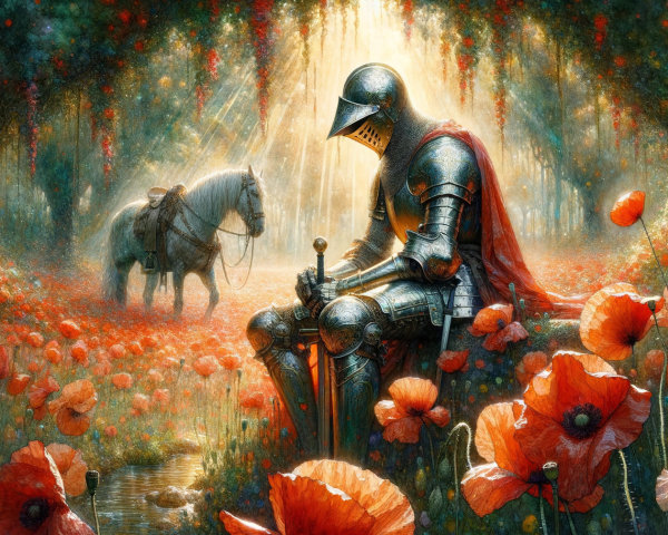 Knight in Armor by Stream in Poppy Meadow