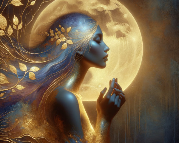 Profile of a woman with blue hair and golden leaves